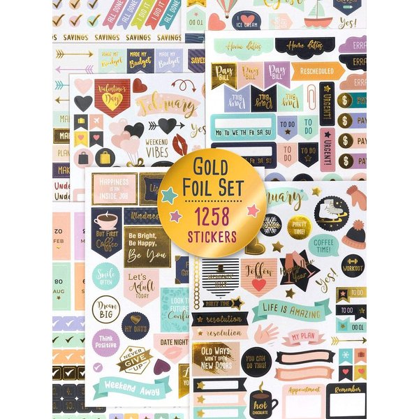 Aesthetic Gold Foil Planner Stickers - 1250+ Stunning Design Accessories Enhance and Simplify Your Planner, Journal and Calendar