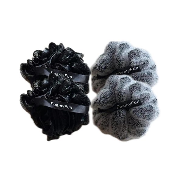 Shower Puff 4 Pack Black Bath Sponge Shower Loofahs Pouf Ball Bamboo Charcoal Fluffy Mesh Puffs Black，2 exfoliating Bath Balls and 2 Soft Bath Balls by FoamyFun.