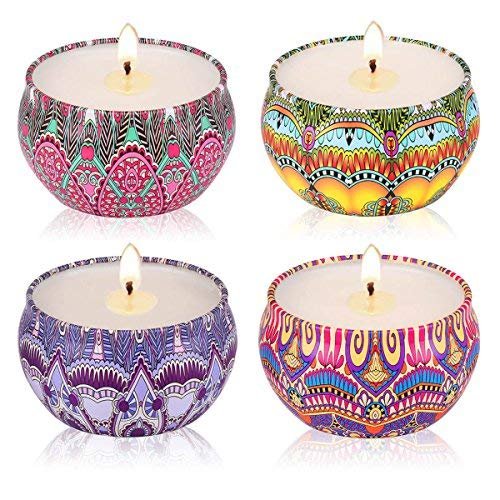 Scented Candles Gift Set Lavender Rose Gardenia and Lilac, Natural Soy Wax with Floral Essential Oil Travel Tin Candles Use for Aromatherapy Stress Relax, Home Decor, Yoga Meditation Reiki, Pack 4