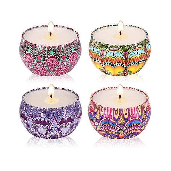 Scented Candles Gift Set Lavender Rose Gardenia and Lilac, Natural Soy Wax with Floral Essential Oil Travel Tin Candles Use for Aromatherapy Stress Relax, Home Decor, Yoga Meditation Reiki, Pack 4