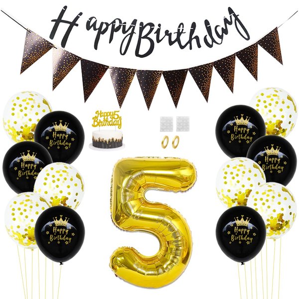 Daimay 5th Birthday Party Decorations Gold Black Happy Birthday Latex Confetti Balloons Triangle Flag Banner Number 5 Foil Balloon Cake Topper for Men Women Anniversary Birthday Party Supplies