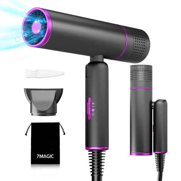 7MAGIC Foldable Hair Dryer, Powerful Ionic Blow Dryer for Fast Drying, Travel Hair Blow Dryer with Storage Bag, Lightweight Portable Hairdryer for Women, Cold/2 Heating/2 Speed Settings, Grey