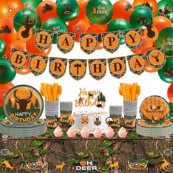 Suclain 165 Pcs Hunting Birthday Party Decorations Camo Deer Birthday Banner Hunting Tablecloths Camo Disposable Dinnerware Tableware for 16 Guests Go Hunting Camouflage Balloons Cake Cupcake Topper
