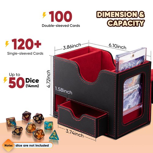 Flooyes MTG Commander Deck Box, Card Storage Box Fits 100 Double-Sleeved Cards, 35pt Card Brick, Dice Tray & Dice Pool, PU Leather Strong Magnet Card Deck Case for Magic Commander TCG CCG, Black/Red