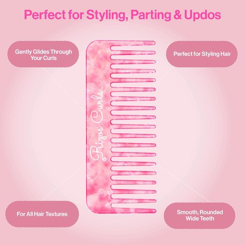Rizos Curls Wide Tooth Styling Comb, Shower Comb for Detangling, Parting & Styling Comb, Gentle Comb for all Hair Textures, Pink