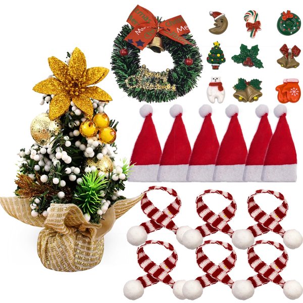 1/12 Scale Dollhouse Christmas Decorations – 8inch Pre-Decorated Mini Christmas Tree, Miniature Wreath, Hats & Scarves – Perfect Holiday Accessories for Dollhouse Décor