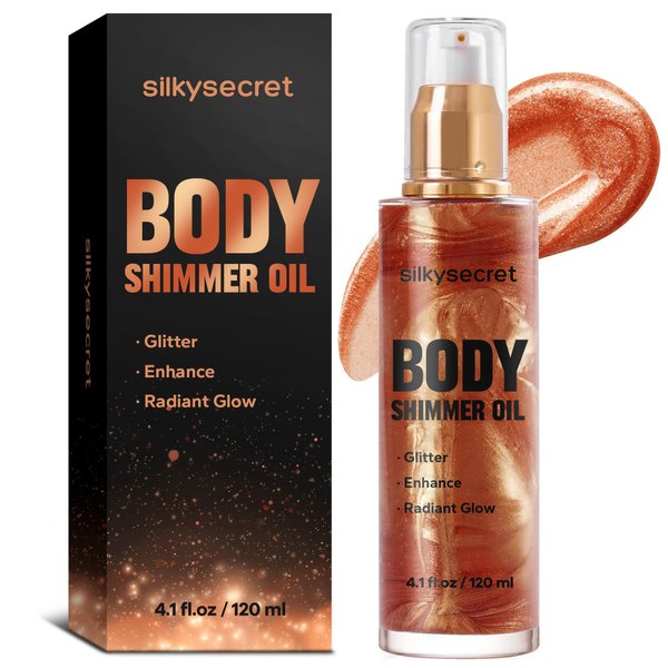 Body Shimmer Oil (4.1 Fl Oz), Body Shimmering, Long-Lasting Moisturizing, Body Oil for Radiant Glow, Glitter Glow Oil, Body & Face Makeup, Golden Brown