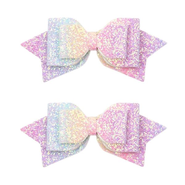 Multicolor Sparkling 5 Inch Glitter Hair Bows - Set of 2 Alligator Clips for Girls, Teens, Toddlers（Rainbow）