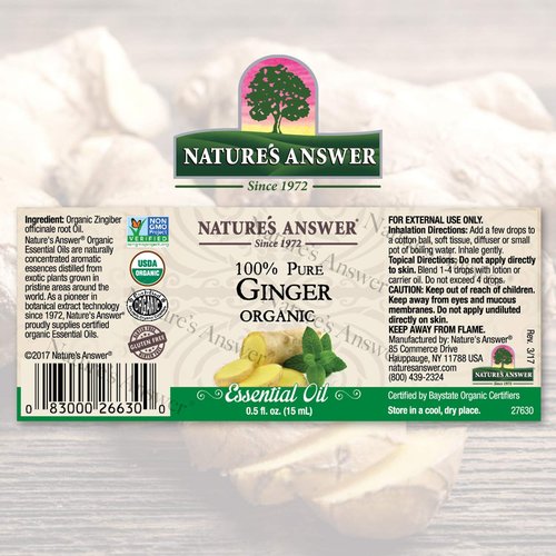 Nature’s Answer USDA Organic Ginger Root Essential Oil, 100% Pure | Natural Aromatherapy Oil for Diffuser/Humidifier, Steam Distilled 0.5 fl oz. (15ml) | Made in USA