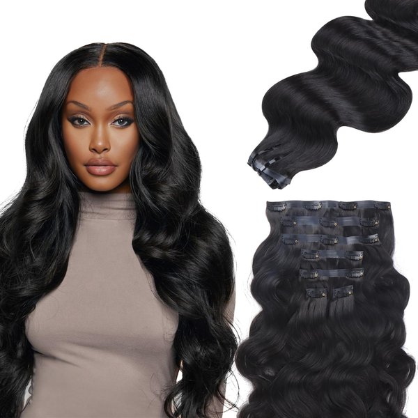 IDN BEAUTY Seamless Clip In Hair Extensions Human Hair, Body Wave 16 Inch 110g 7pcs Natural Black Real Virgin Human Hair Seamless Clip Ins For Black Women PU Weft Invisible Edge