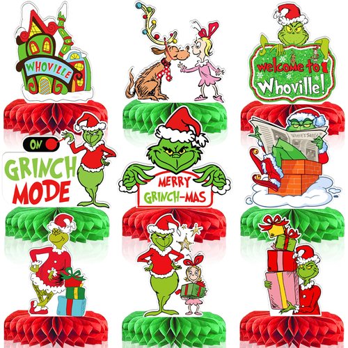 9pcs Christmas Table Decorations,Whoville Christmas Decorations Christmas Honeycomb Centerpieces Christmas Birthday Party Decorations Green Monster Theme Decorations Christmas Party Supplies