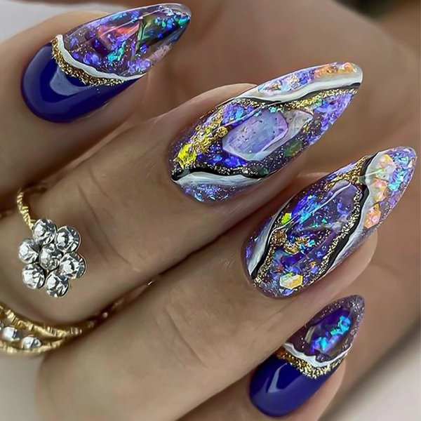 Rchosvam Press on Nails Medium Almond Fake Nails Purple Marble Stick on Nails Colorful Glaze Flase Nails with Design for Womens 24pcs