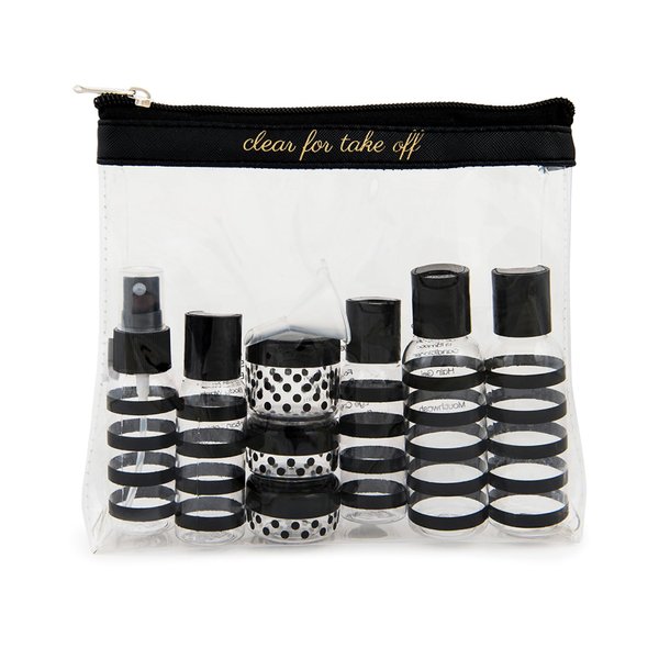 Miamica “Clear for Take Off” TSA Compliant Travel Bottles and Travel Toiletry Bag – Includes 12 Pieces – 7.55" L x 7.4" W x 1.8" D, Clear/Black – Cute Travel Gifts