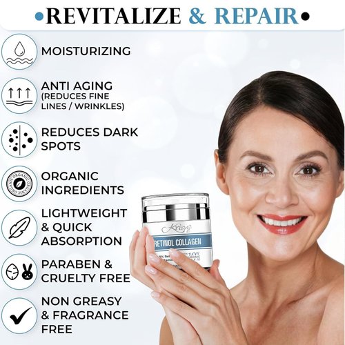 Retinol Cream for Face, Anti Aging Cream - Vitamin E, B5 & Hyaluronic Acid for Skin Care, Anti Wrinkle Face Cream with Collagen for Women/Men, Day-Night Face Moisturizer for Woman, Collagen Cream1.7oz
