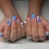 24 Pcs French Tip Press on Nails Medium Almond Fake Nails 4th of July False Nails with Star Cherry Pattern Design Gel Nails Press ons Patriotic Nails Acrylic Glue on Nails Artificial Nails for Women