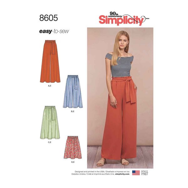 Simplicity US8605A Easy to Sew Women's Skirts and Loose Fitting Pants Sewing Patterns, Sizes 6-24