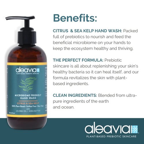 Aleavia Citrus & Sea Kelp Microbiome Friendly Hand Wash – Microbiome Friendly Cleanser – Vegan, Plant-Based Formula Packed with Prebiotics – 8 oz.