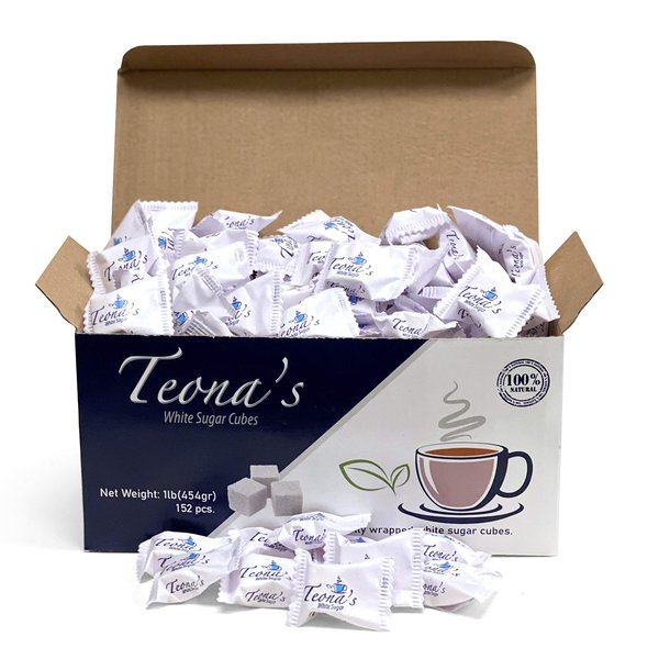 Teona's White Sugar, Individually Wrapped White Sugar Cubes, (152 Cubes) Perfect Sized Sugar Cubes For Tea And Coffee, 1 Pound Box Raw Sugar Cube, Perfect For Entertaining Guest. 100% Beet Root
