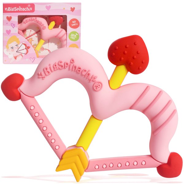 BIGSPINACH Teethers Heart Shape Silicone Baby Teether Toy Easy for Little Hands to Hold,Cupid Bow and Arrow Soft Teething Toy for Infants,Valentine's Day Gift for Girl or Boy (Pink)