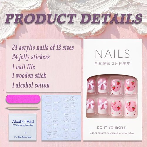 Press on Nails Short Square French Tip Fake Nails Pink Full Cover Strawberry False Nails with Bow Charm Designs Glossy Glue on Nails Cute Acrylic Nails Artificial Nails for Women Girls