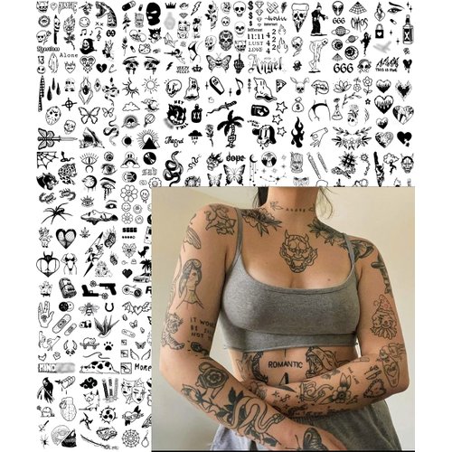 Impressed 48 Sheets Custom Unisex Vintage Patchwork Temporary Tattoos - Small Semi Permanent Minimalist Black Fake Tattoo for Women and Men - Tiny Adult Hand, Sleeve, Finger Tat for Teens