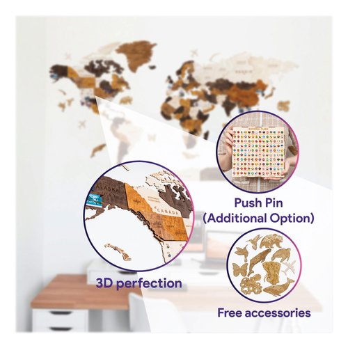 HYPERI 3D Wooden World Map Wall Decor, Multicolor Travel Map with Pins, Mapa Del Mundo Para Pared, Places I've Been Map Art, Father's Day Gifts for Dad, Travelers, Men, Women (Medium)