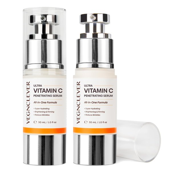 Vegnclever Super Vitamin C Serum - Super Moisturizing, Anti-Aging All-In-One Formula with Niacinamide, Collagen Peptides, Caffeine, and Vitamin E, Original Vitamin C Face Serum - 2 Pack