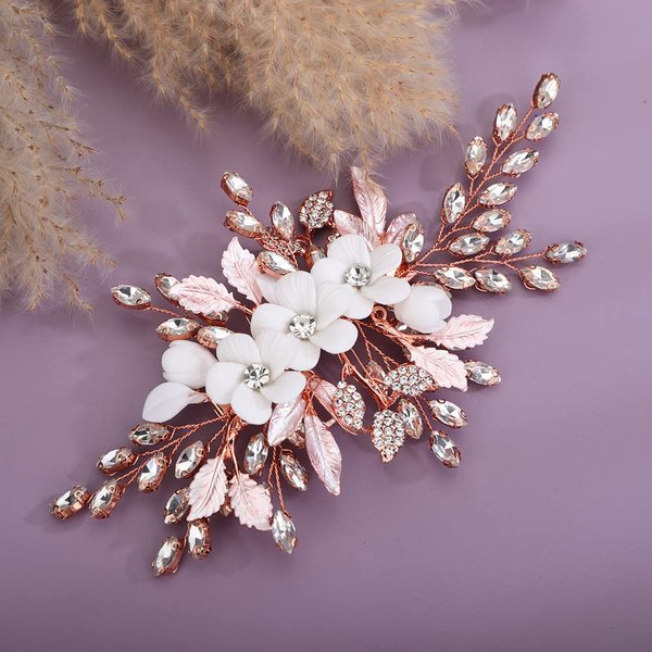 Teyglen Bridal Wedding Flower Rhinestone Hair Clip Hairpin Floral Rose Gold Crystal Leaf Hair Barrette Handmade Wedding Hair Piece Hair Accessories for Women Bride Girls (Rose Gold)