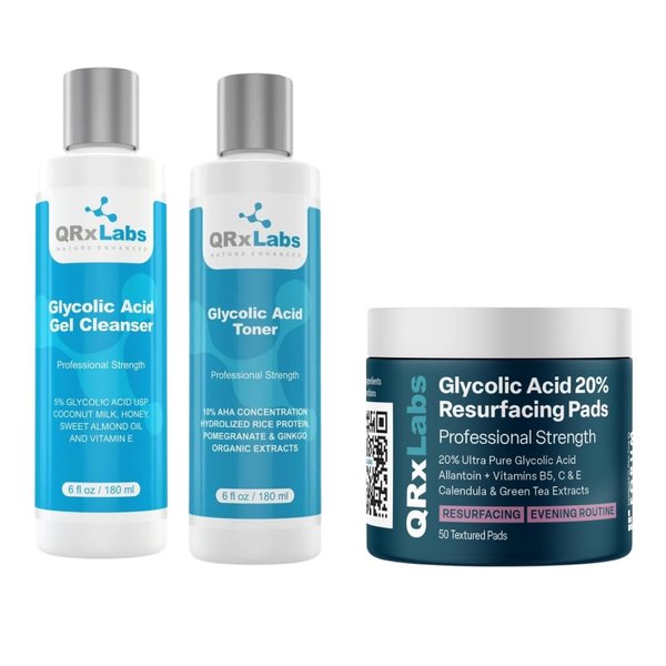 QRxLabs Glycolic Acid Face Wash, Resurfacing Pads with Acid Toner