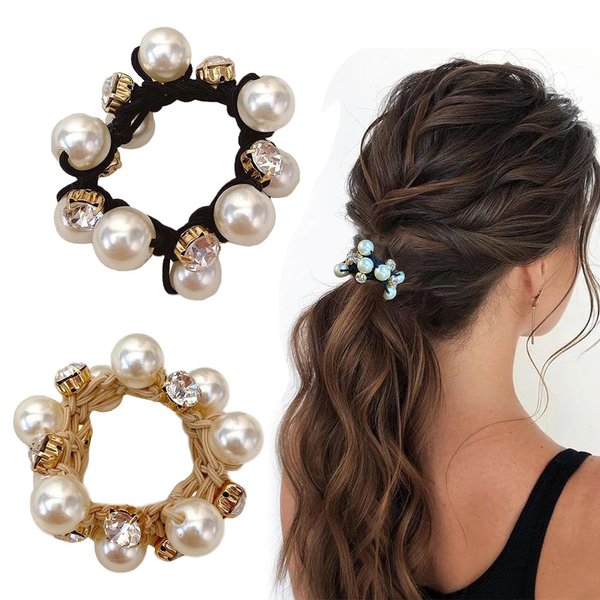 LELEVTXP 2 Pcs Hair Ties Women's Hair Bobbles Pearl Crystal Ponytail Holders Strong Elastic Hair Ropes for Women Girls Thick/Medium/Long Hair