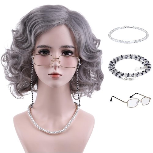 MAGQOO Old Lady Wig Granny Wig Short Curly Grandma Wig Old Women Costume Wig 100th Day of School Halloween Cosplay Costume Wig with Accessories