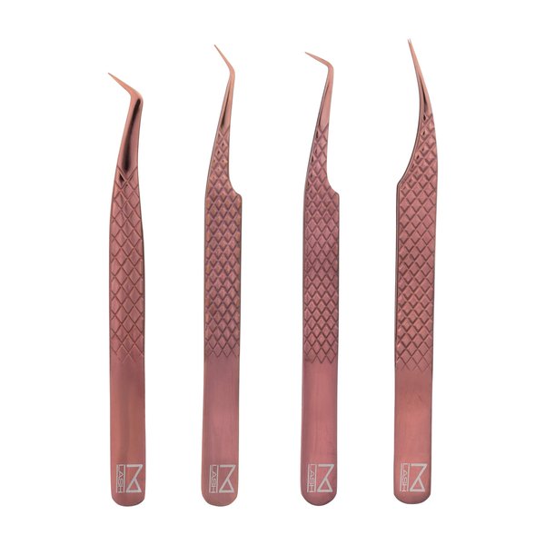 M LASH Eyelash Extension Tweezers (Set of 4) - Professional & Precision Lash Tweezers for Eyelash Extensions - Japanese Steel, Diamond Grip, Fiber Tip V3 (Rose Gold)