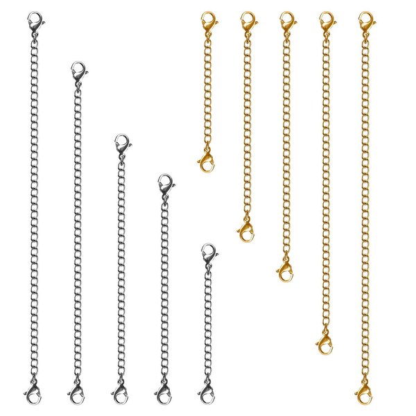 Necklace Extenders, 10Pcs Stainless Steel Gold Silver Necklace Bracelet Anklet Extension Chains with Lobster Clasps and Closures for Jewelry Making