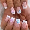 French Tip Press on Nails Medium Square Fake Nails Pink Glossy Acrylic Nails White Nail Tips Short False Nails with Summer Cute Flowers Designs Artificial Glue on Nails for Women Girls 24 Pcs