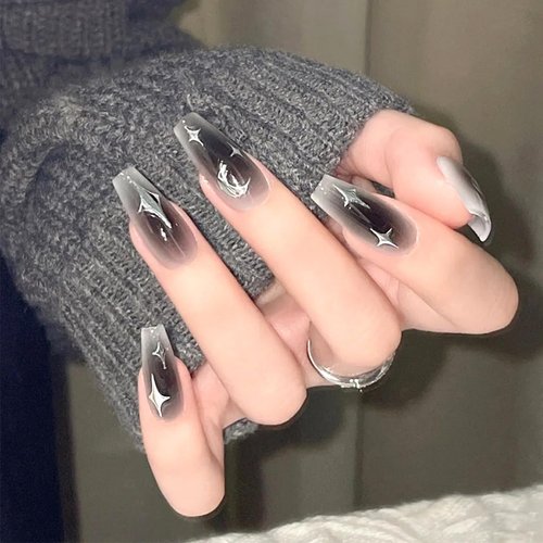 MUZOXEN Medium Press on Nails Square Fake Nails with Black Gradient Stars Moon Elegant Designs Medium Acrylic Artificial False Nails with Glue on Nails Coffin Stick on Nail for Women Girls 24 Pcs