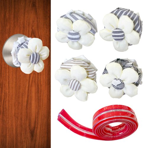 GLSJA 4Pcs Door Knob Covers, Soft Round Door Handle Cover Floral Doorknob Protector Cover, Sponge Reusable Decorative Door Handle Cushion with 39" Clear Anti-Collision Adhesive Strip