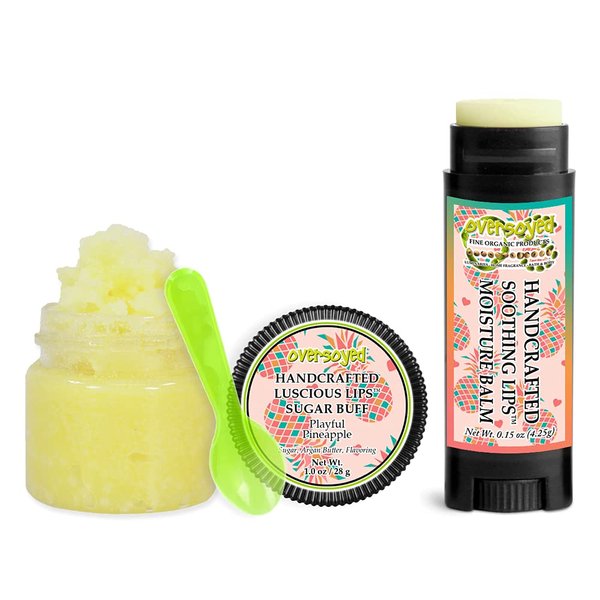 Playful Pineapple Soothing & Luscious Lips by OverSoyed Exfoliator & Chapped Lip Repair Lip Care Combo | Artisan Handcrafted to Order Pineapple Grapefruit Orange Sweet Sugary Flavored Exfoliating Sugar Lip Scrub & Lip Moisturizer Balm Gift Set