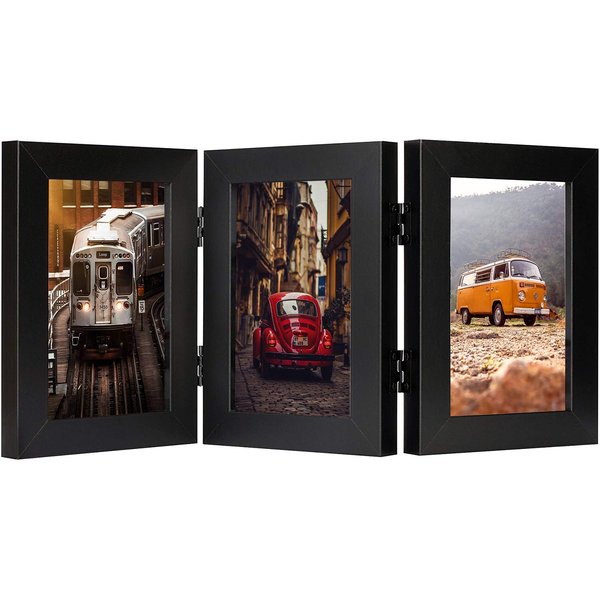 Frametory, 4x6 Triple Picture Frames Hinged 3 Photos Frame Collage, Three Picture Frames Multiple Desk Frame with Glass (Black, 1 Pack)