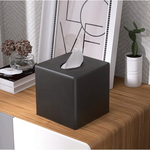 Y-in Hand Tissue Box Cover, Square Facial Tissue Holder Storage for Bathroom Vanity, Countertops, Dressers, Night Stand, Parlors and Offices - Black