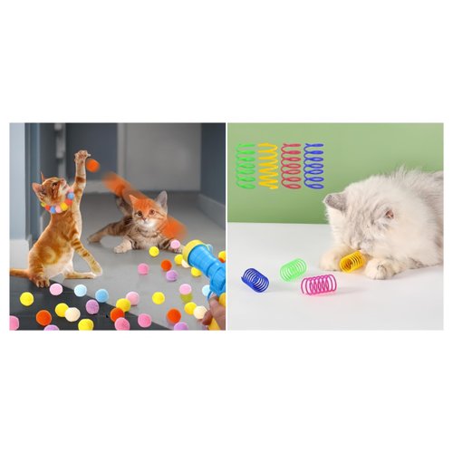 Runske Cat Toy 35Pcs Set Pompom Balls with Gun Launcher and Spring Toys,Cat Springs Toy,Interactive Toys and Indoor Toys,Cat Sports Toys for catching, Chasing, Interacting