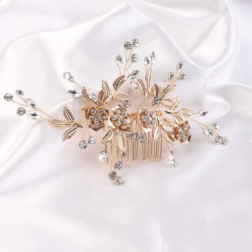 YERTTER Vintage Rhinestones Bride Wedding Hair Accessories for Brides Crystal Floral Leaves Bridal Hair Comb for Women and Girls (Gold)