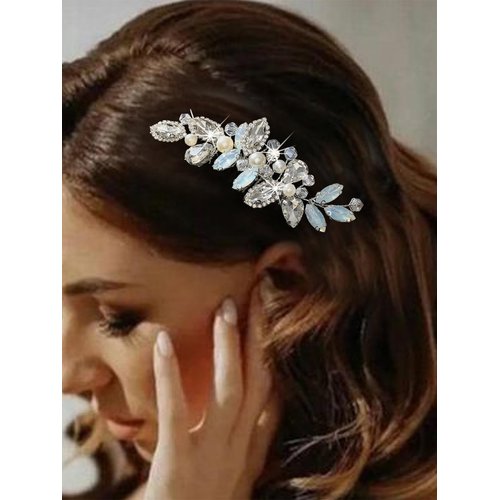Brishow Crystal Bride Wedding Hair Comb Silver Opal Rhinestone Hair Piece Pearl Prom Party Hair Accessories for Women and Girls