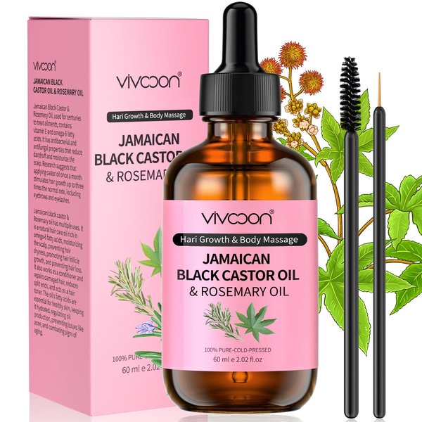 Vivccon Jamaican Black Castor Oil with Rosemary, Black Castor Oil Cold Pressed, Organic Castor Oil for Hair Growth, Eyelashes and Eyebrows Growth, Castor Oil 100% Natural & Pure