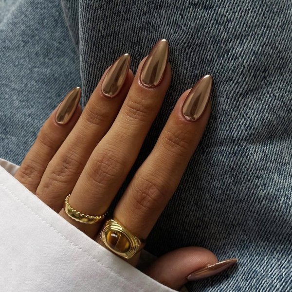 Light Bronze Chrome Press on Nails Medium Almond,KQueenest Mirror Metal Stiletto Fake Acrylic Nails with Bling Design,Glitter Glue on Nails for Daily Party Wear,Glossy False Nails Press ons in24 PCS