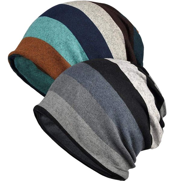 Womens Baggy Soft Slouchy Beanie Hat Stretch Infinity Scarf Head Wrap Cap (2Pcs knit stripe)