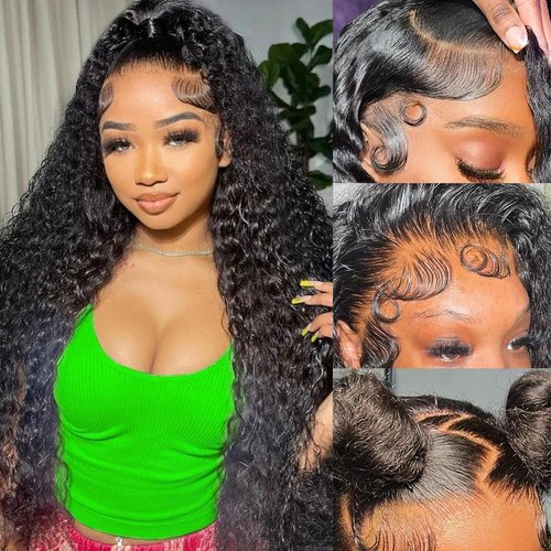 IJFMMEL Deep Wave Lace Front Wig Human Hair Pre Plucked 13x6 Full Lace Front Wigs Human Hair for Black Women 200% Density Deep Wave Curly Frontal Wigs Human Hair Deep Wave Wig Natural Black 24 Inch