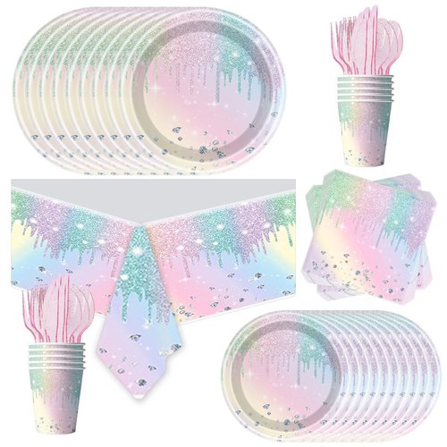 81Pcs Iridescent Diamond Party Tableware Set Sparkling Diamonds Party Decoration for Girls and Women Birthday Party Supplies (Colorful)