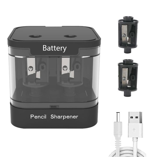 Bepoper Double Hole Electric Pencil Sharpener, USB and Battery Operated Pencil Sharpener with Brush and 2 Spare Blades, Portable Fast Sharpen Suitable for 6-8mm 8-12mm Pencils (Black)