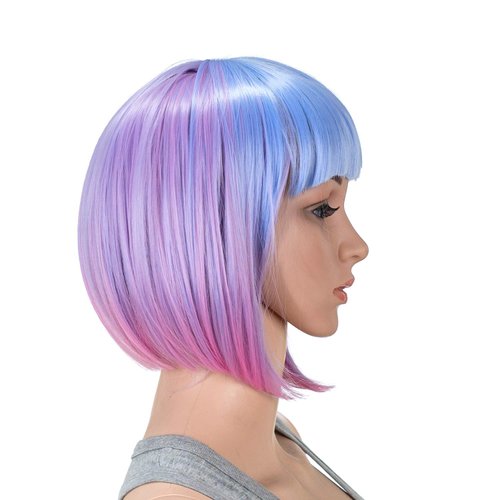 SWACC 10 Inch Blue Pink Ombre Multi-Colored Short Straight Bob Wig with Bangs Synthetic Colorful Cosplay Daily Party Flapper Wig for Women with Wig Cap
