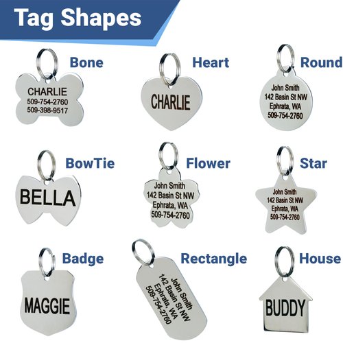 GoTags Stainless Steel Pet ID Tags, Personalized Dog Tags and Cat Tags, up to 8 Lines of Custom Text, Engraved on Both Sides, in Bone, Round, Heart, Bow Tie and More
